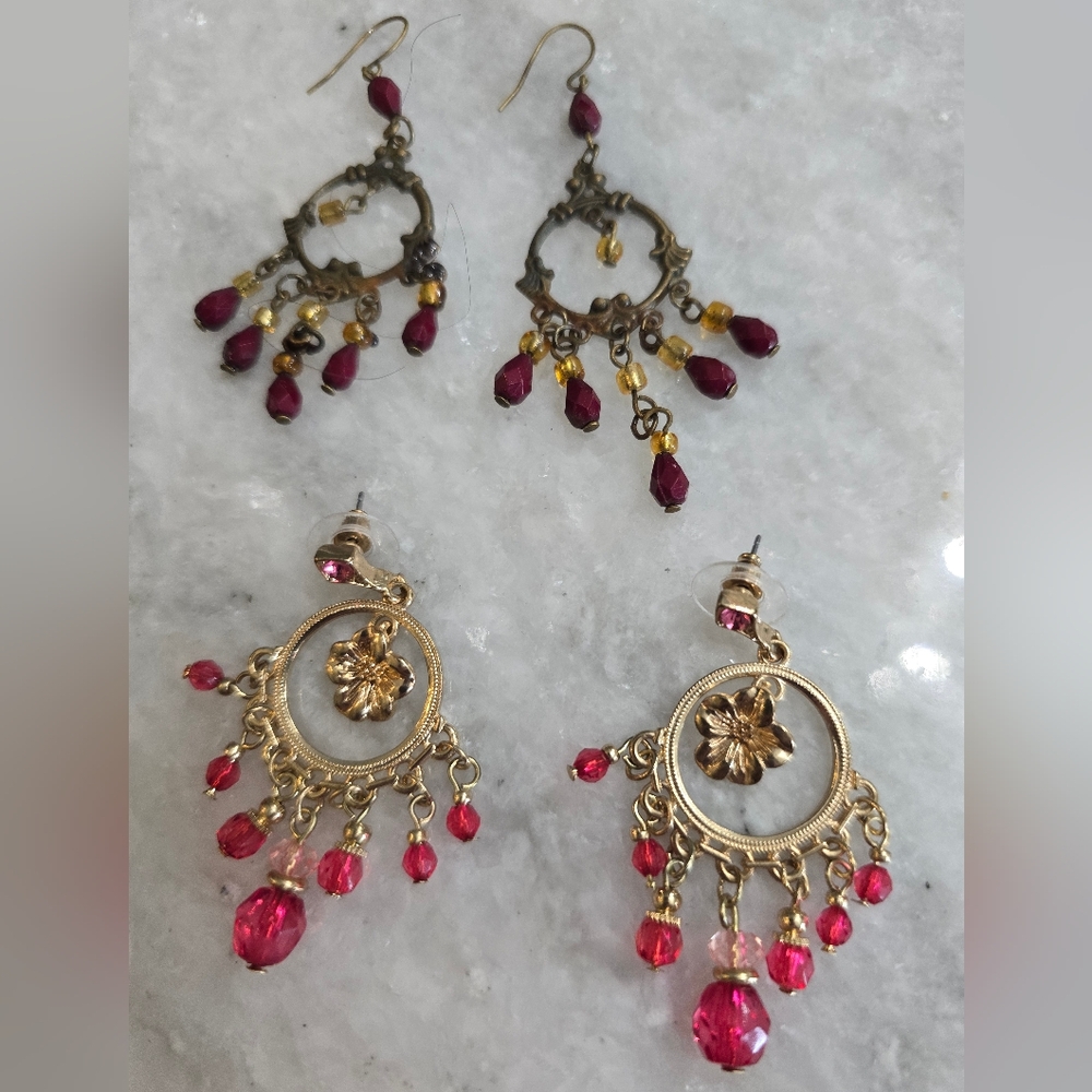 2 Pair Boho Dangle Earrings Burgandy, Pink